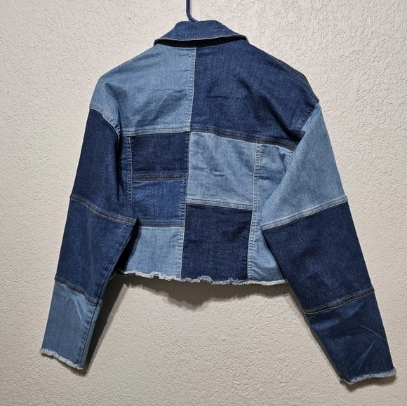 LABIJOU Mulri-tone Patch Crop Raw Hem Denim Jacket Small Boutique NWT - Picture 10 of 13